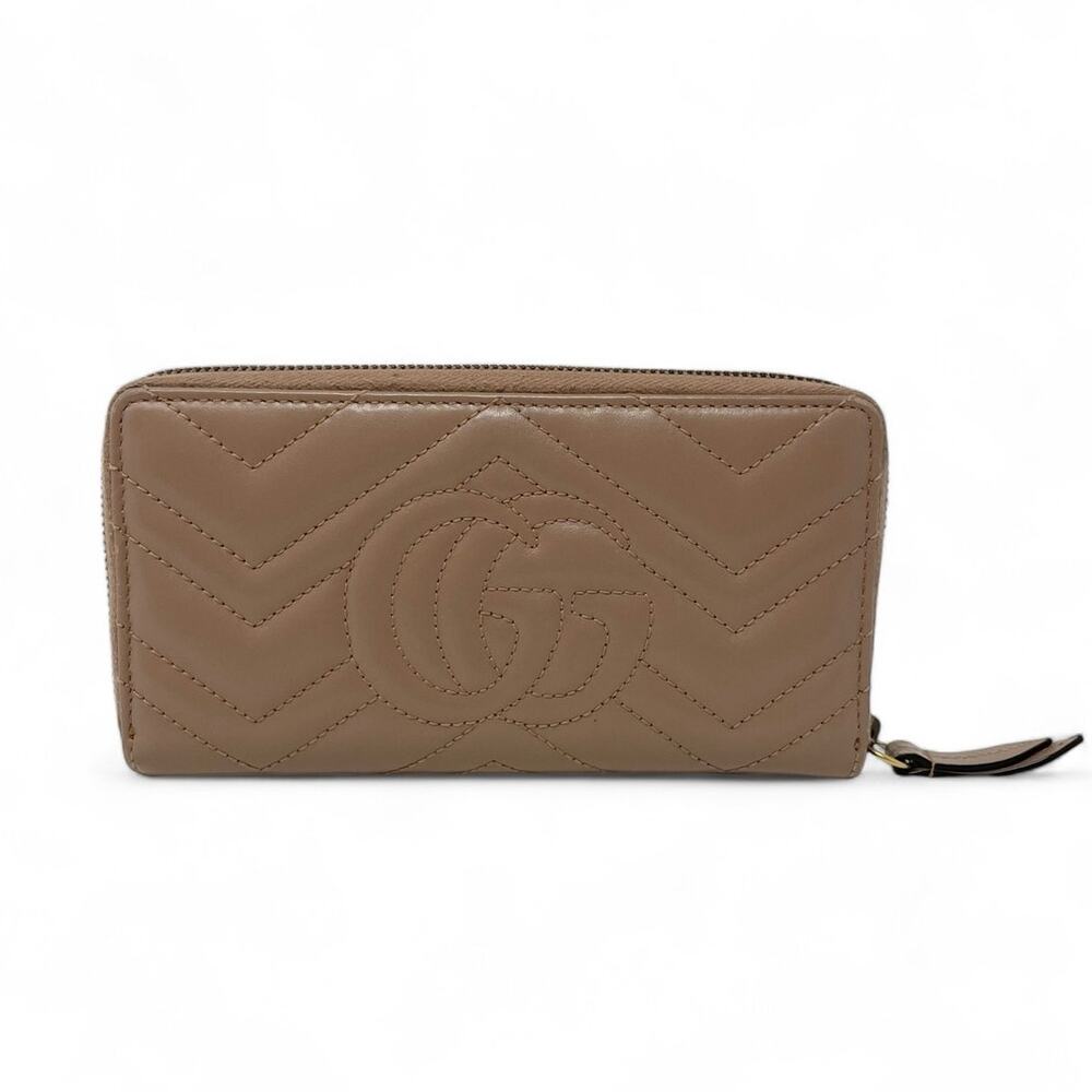 Gucci GG Double G Marmont Zip Around Wallet Zippy Chevron Leather Long Tan Gold - Picture 2 of 14